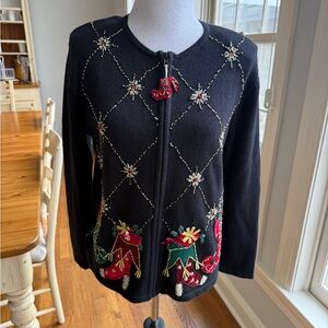 Heirloom Collectibles Y2K Black Zip Up Christmas Cardigan Sweater Ugly Sweater M